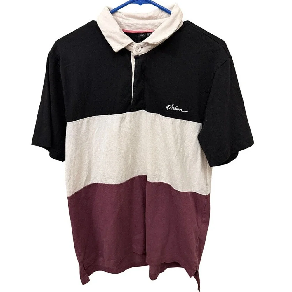Volcom Mens Colorblock Rugby Polo Shirt Black White Burgundy Stone Logo Small